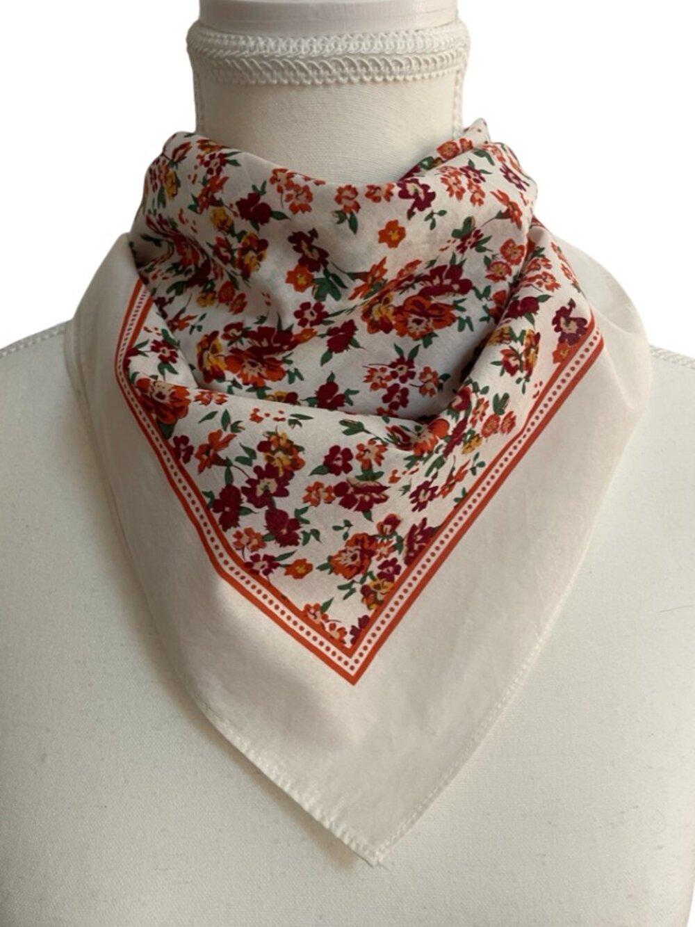 Sézane Floral Organic Cotton Square Scarf Cream Burgundy Orange